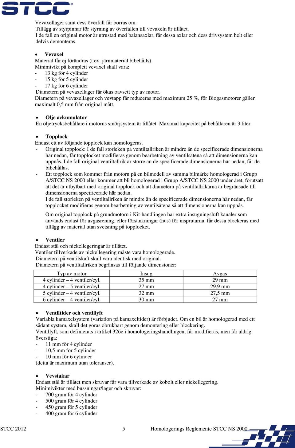 Minimivikt på komplett vevaxel skall vara: - 13 kg för 4 cylinder - 15 kg för 5 cylinder - 17 kg för 6 cylinder Diametern på vevaxellager får ökas oavsett typ av motor.