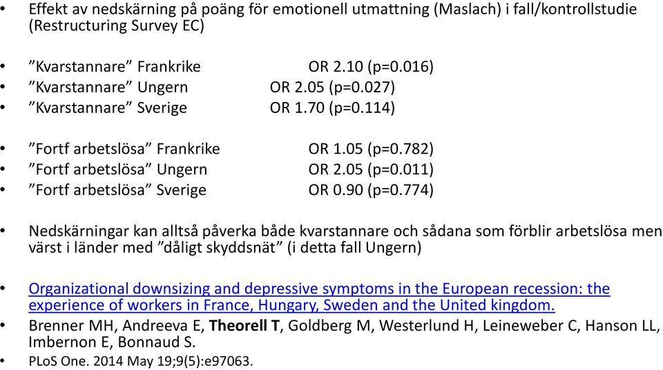 774) Nedskärningar kan alltså påverka både kvarstannare och sådana som förblir arbetslösa men värst i länder med dåligt skyddsnät (i detta fall Ungern) Organizational downsizing and depressive