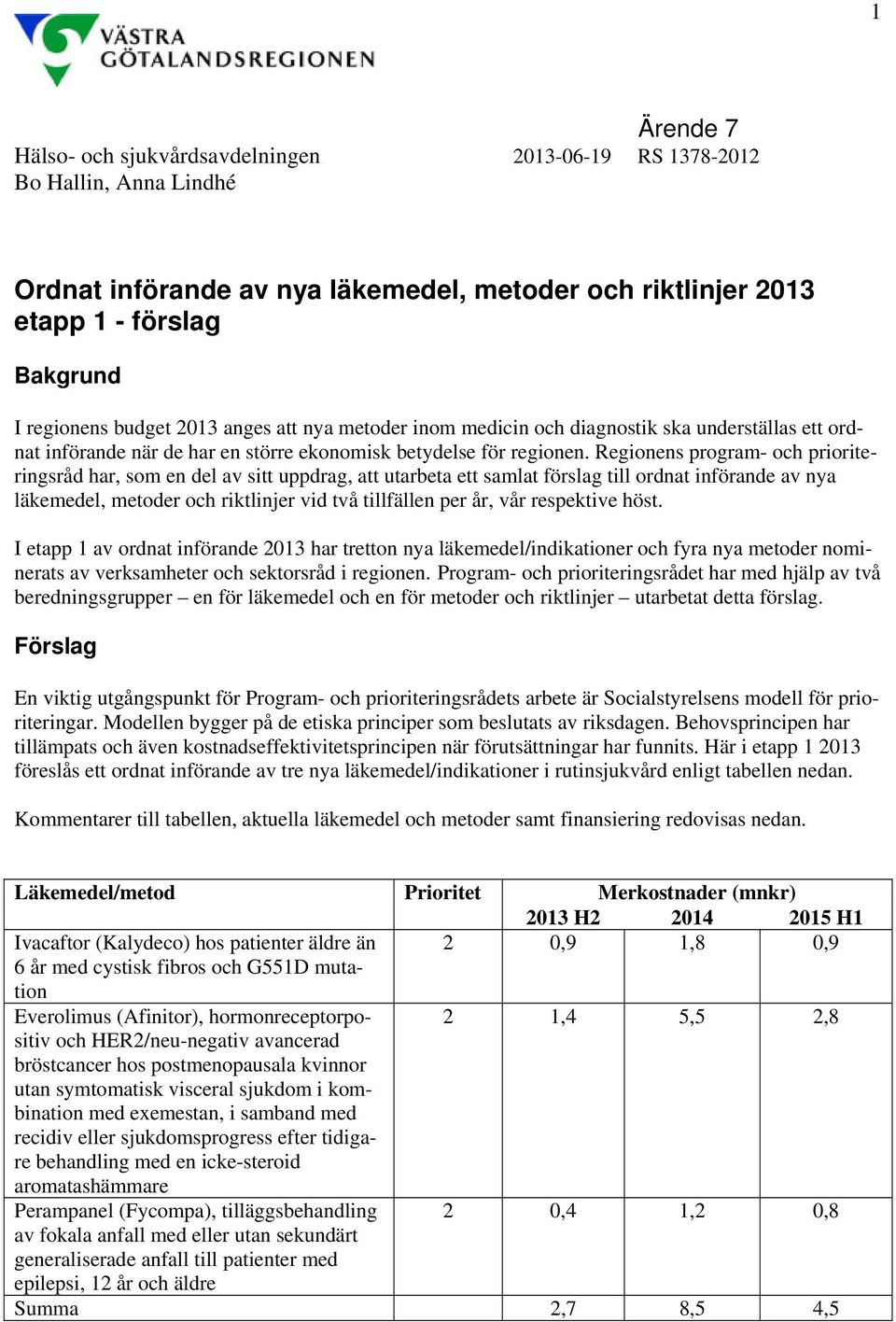 Regionens program- och prioriteringsråd har, som en del av sitt uppdrag, att utarbeta ett samlat förslag till ordnat införande av nya läkemedel, metoder och riktlinjer vid två tillfällen per år, vår