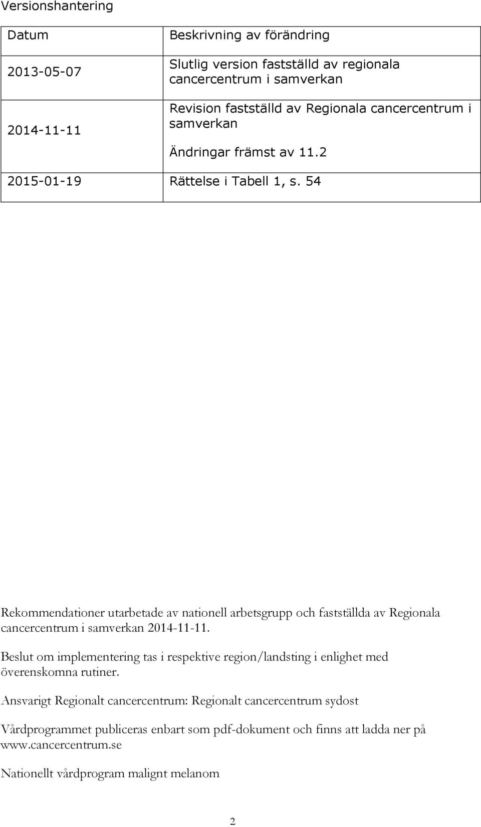 54 Rekommendationer utarbetade av nationell arbetsgrupp och fastställda av Regionala cancercentrum i samverkan 2014-11-11.