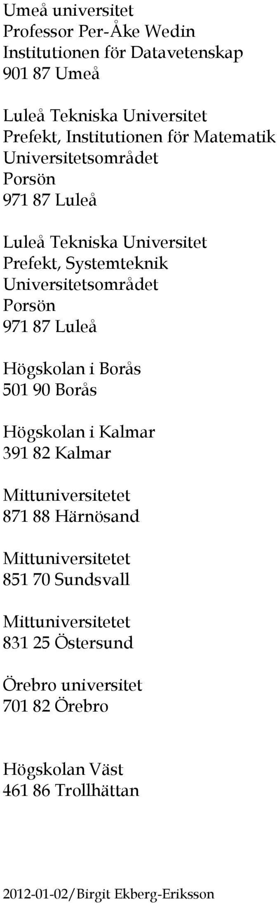 Systemteknik Universitetsområdet Porsön 971 87 Luleå Högskolan i Borås 501 90 Borås Högskolan i Kalmar 391 82