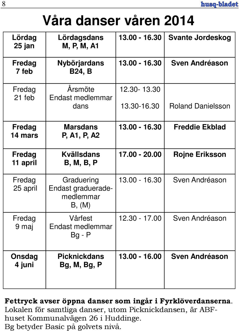 30 Roland Danielsson Fredag 14 mars Fredag 11 april Fredag 25 april Fredag 9 maj Marsdans P, A1, P, A2 Kvällsdans B, M, B, P Graduering Endast graduerademedlemmar B, (M) Vårfest Endast medlemmar