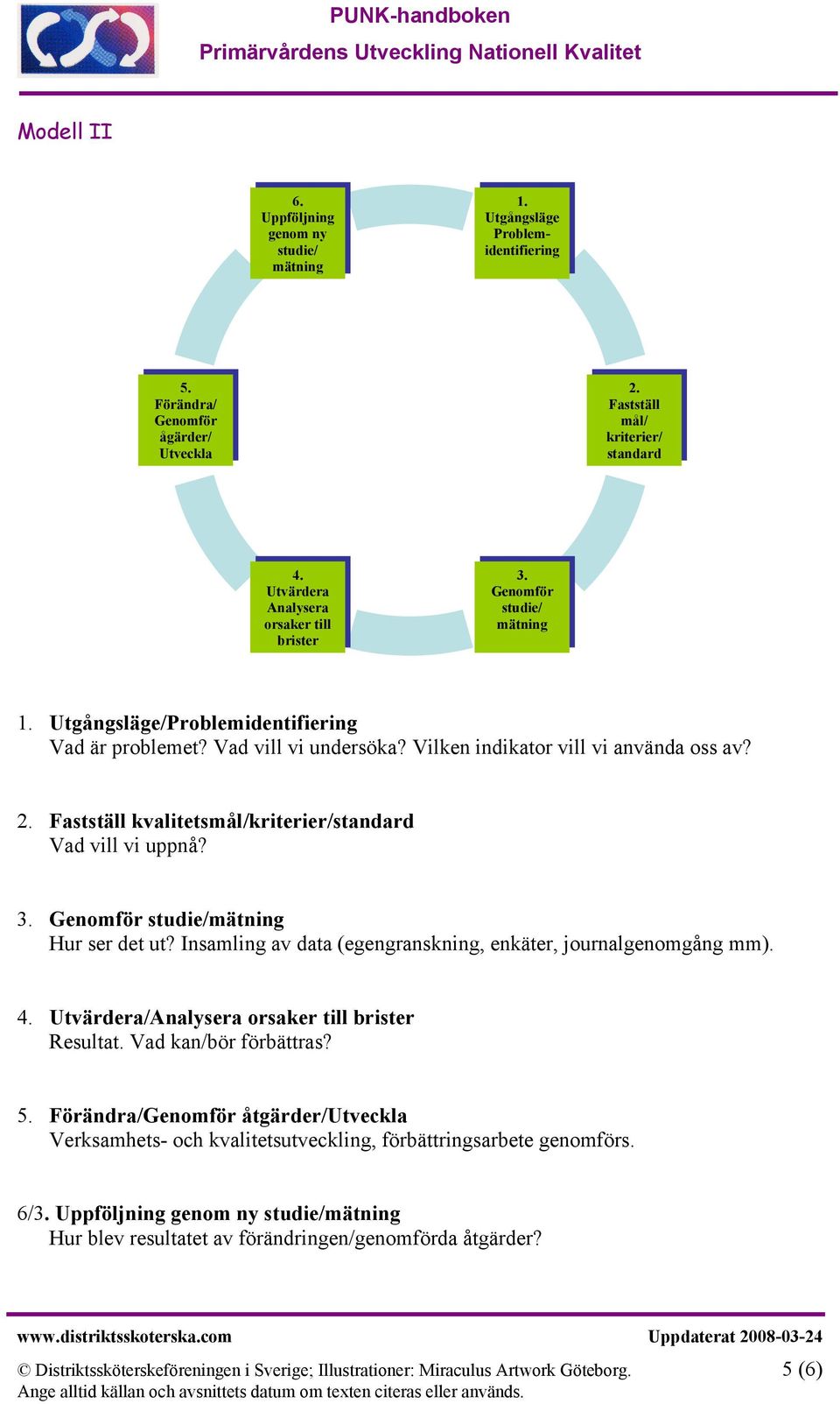 Fastställ kvalitetsmål/kriterier/standard Vad vill vi uppnå? 3. Genomför studie/mätning Hur ser det ut? Insamling av data (egengranskning, enkäter, journalgenomgång mm). 4.