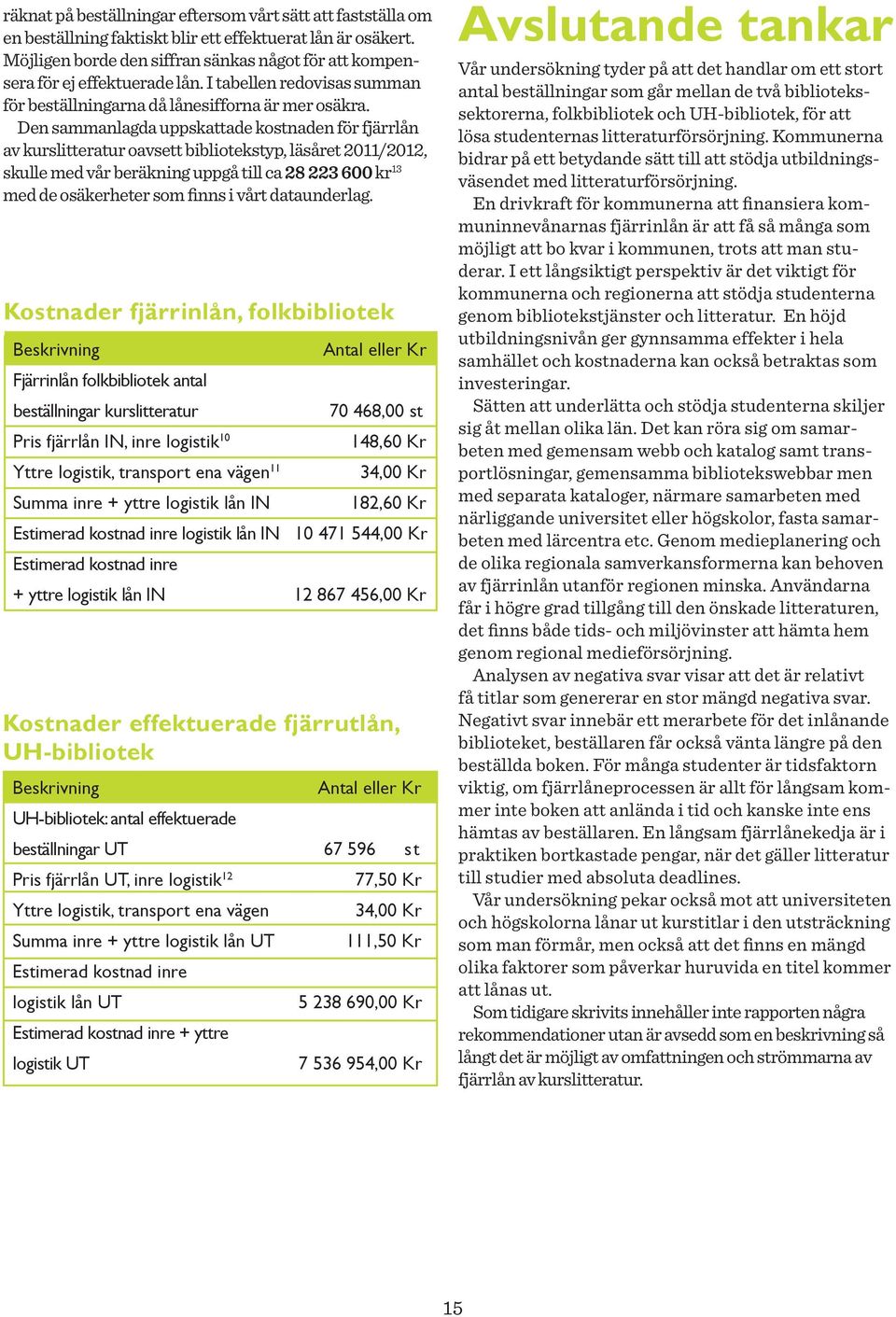 Den sammanlagda uppskattade kostnaden för fjärrlån av kurslitteratur oavsett bibliotekstyp, läsåret 2011/2012, skulle med vår beräkning uppgå till ca 28 223 600 kr 13 med de osäkerheter som finns i