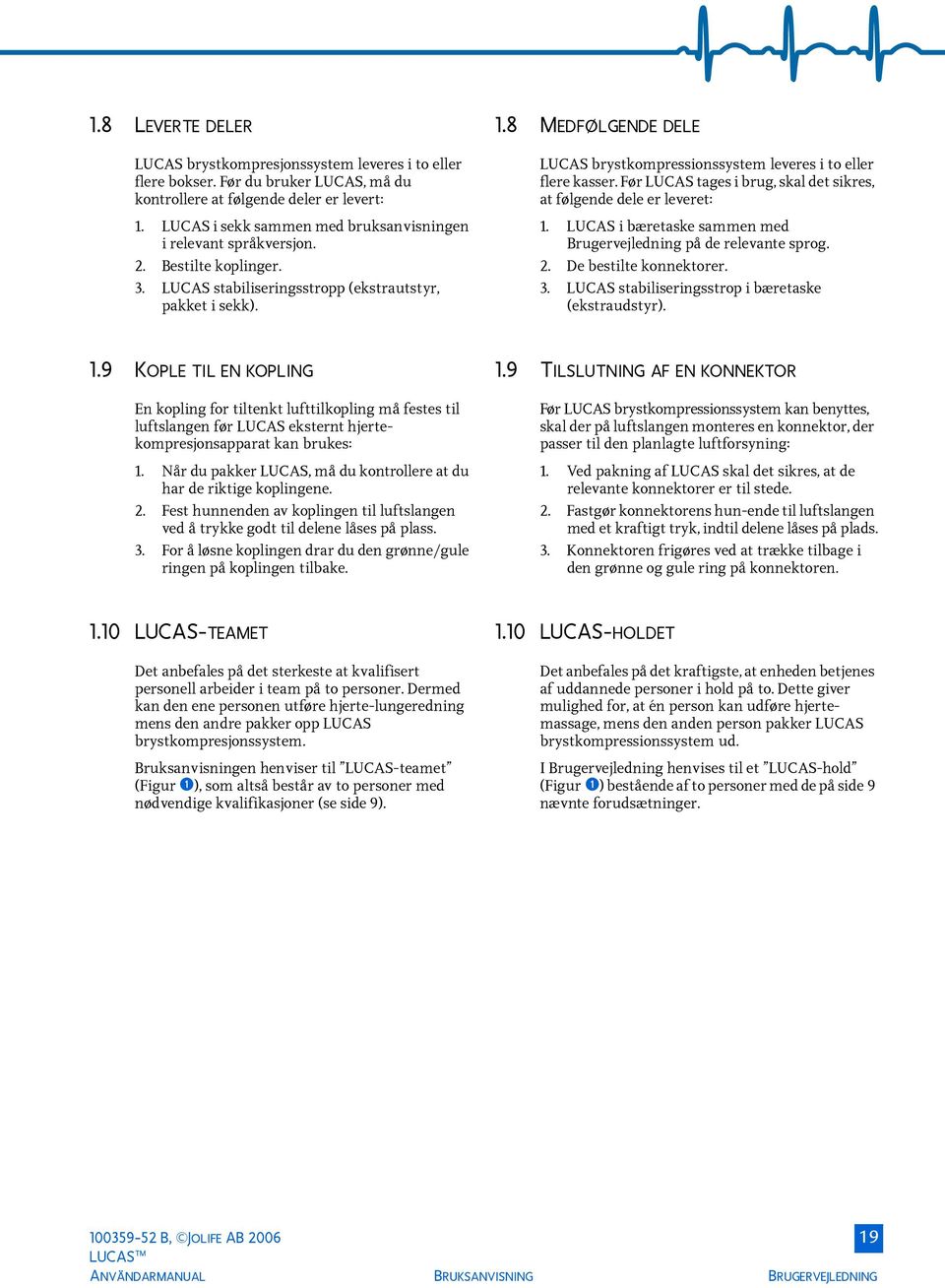 8 MEDFØLGENDE DELE LUCAS brystkompressionssystem leveres i to eller flere kasser. Før LUCAS tages i brug, skal det sikres, at følgende dele er leveret: 1.