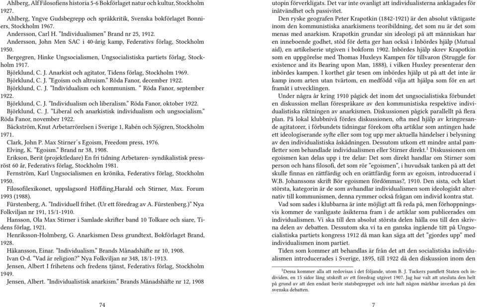 Björklund, C. J. Anarkist och agitator, Tidens förlag, Stockholm 1969. Björklund, C. J. Egoism och altruism. Röda Fanor, december 1922. Björklund, C. J. Individualism och kommunism.