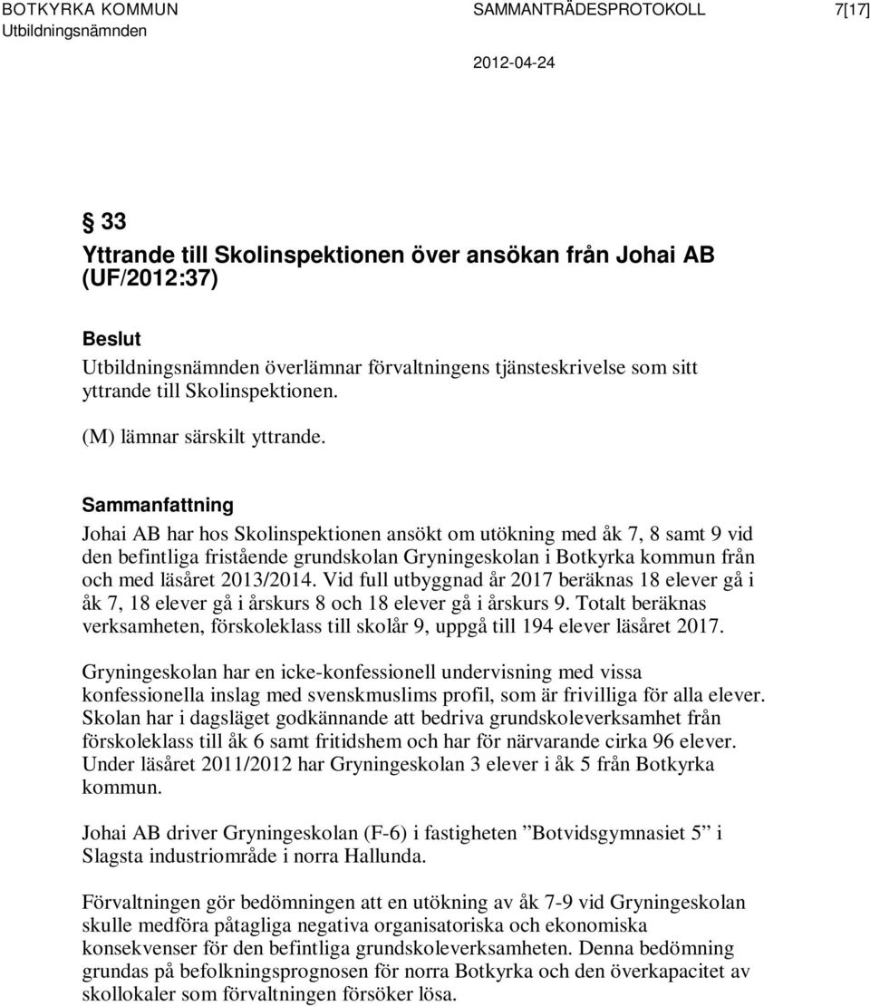 Johai AB har hos Skolinspektionen ansökt om utökning med åk 7, 8 samt 9 vid den befintliga fristående grundskolan Gryningeskolan i Botkyrka kommun från och med läsåret 2013/2014.