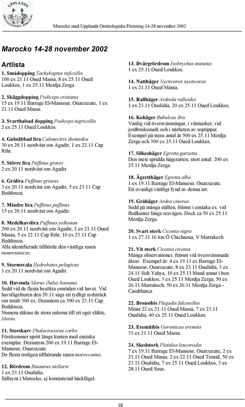 11 nordväst om Agadir, 1 ex 22.11 Cap Rihr. 5. Större lira Puffinus gravis 2 ex 20.11 nordväst om Agadir. 6. Grålira Puffinus griseus 3 ex 20.11 nordväst om Agadir, 5 ex 23.11 Cap Beddouza. 7.