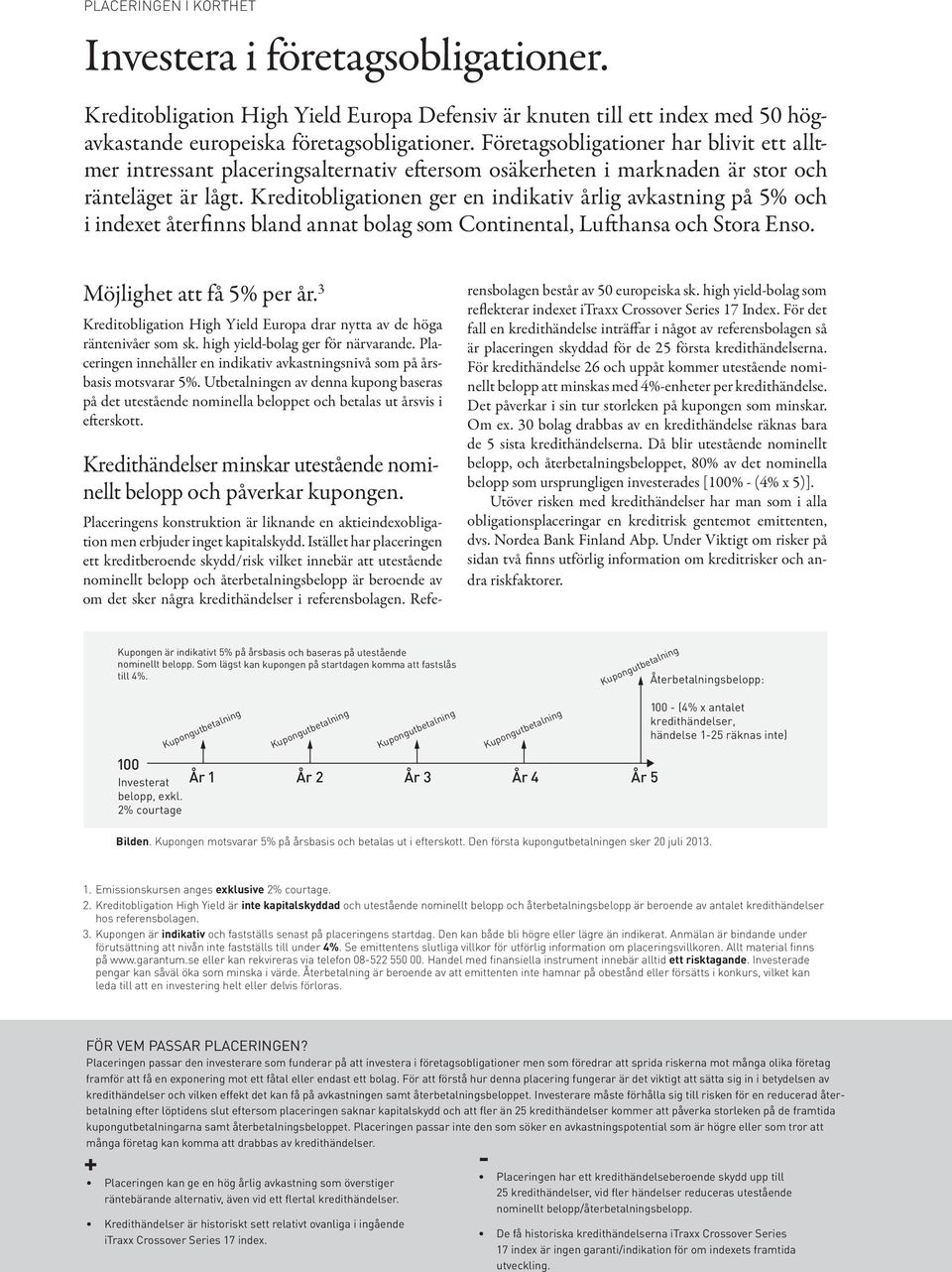 Kreditobligationen ger en indikativ årlig avkastning på 5% och i indexet återfinns bland annat bolag som Continental, Lufthansa och Stora Enso. Möjlighet att få 5% per år.