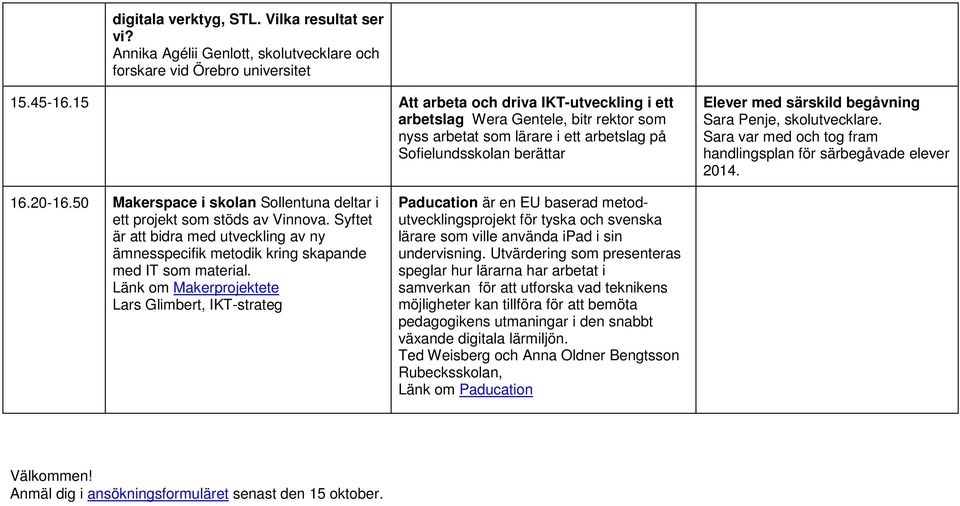 skolutvecklare. Sara var med och tog fram handlingsplan för särbegåvade elever 2014. 16.20-16.50 Makerspace i skolan deltar i ett projekt som stöds av Vinnova.