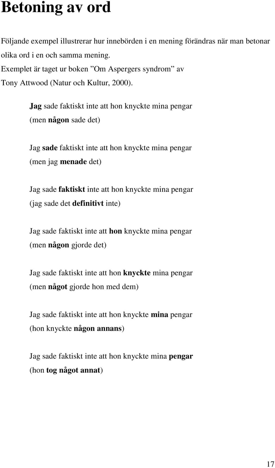 Jag sade faktiskt inte att hon knyckte mina pengar (men någon sade det) Jag sade faktiskt inte att hon knyckte mina pengar (men jag menade det) Jag sade faktiskt inte att hon knyckte mina