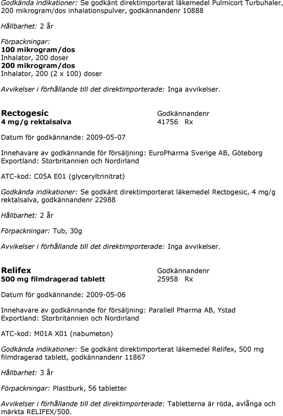 Rectogesic 4 mg/g rektalsalva 41756 Rx Datum för godkännande: 2009-05-07 Innehavare av godkännande för försäljning: EuroPharma Sverige AB, Göteborg Exportland: Storbritannien och Nordirland ATC-kod: