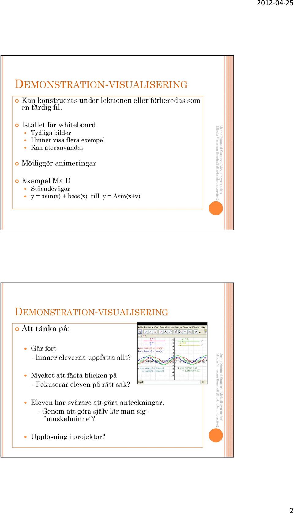 = asin(x) + bcos(x) till y = Asin(x+v) DEMONSTRATION-VISUALISERING Att tänka på: Går fort - hinner eleverna uppfatta allt?