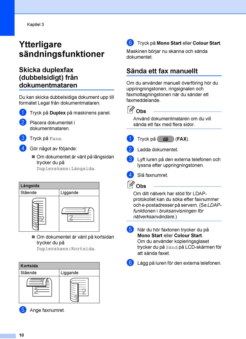 f Tryck på Mono Start eller Colour Start. Maskinen börjar nu skanna och sända dokumentet.