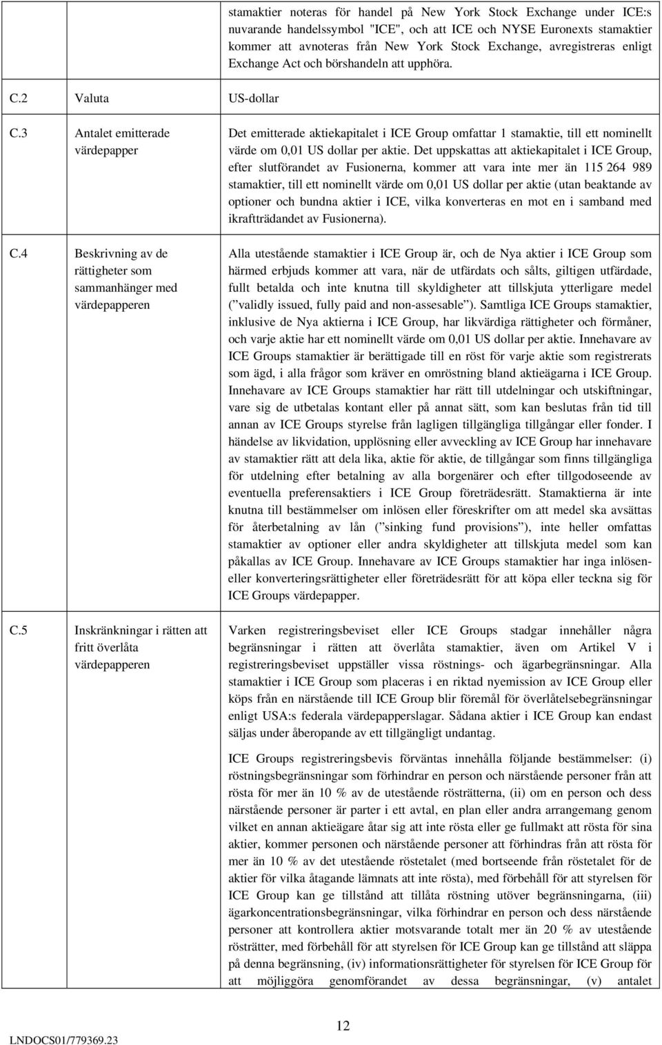 5 Inskränkningar i rätten att fritt överlåta värdepapperen Det emitterade aktiekapitalet i ICE Group omfattar 1 stamaktie, till ett nominellt värde om 0,01 US dollar per aktie.