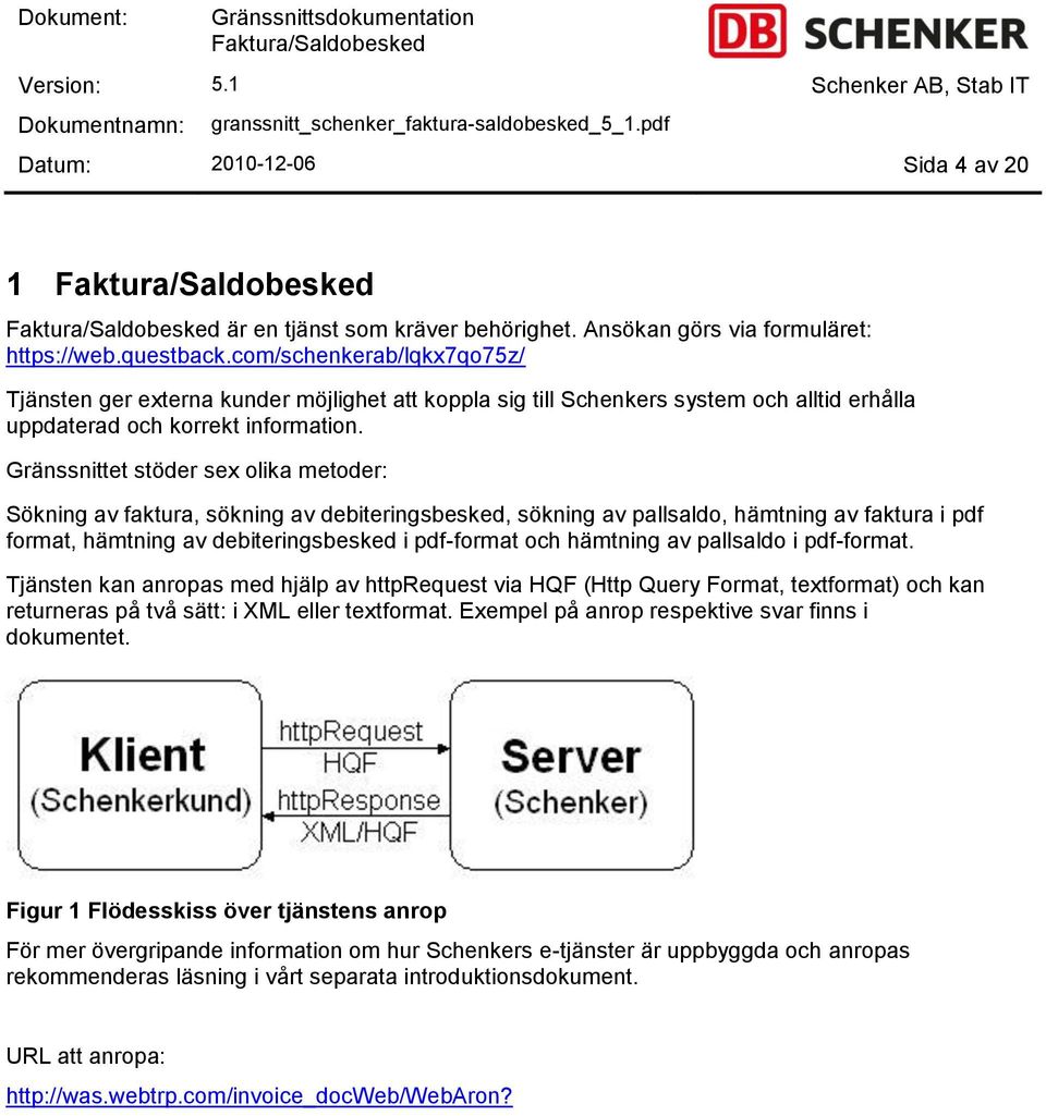 Gränssnittet stöder sex olika metoder: Sökning av faktura, sökning av debiteringsbesked, sökning av pallsaldo, hämtning av faktura i pdf format, hämtning av debiteringsbesked i pdf-format och