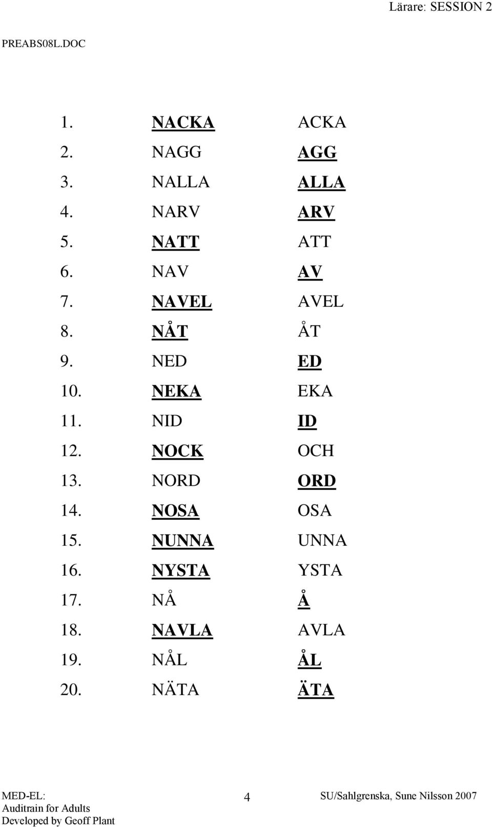 NED ED 10. NEKA EKA 11. NID ID 12. NOCK OCH 13. NORD ORD 14.