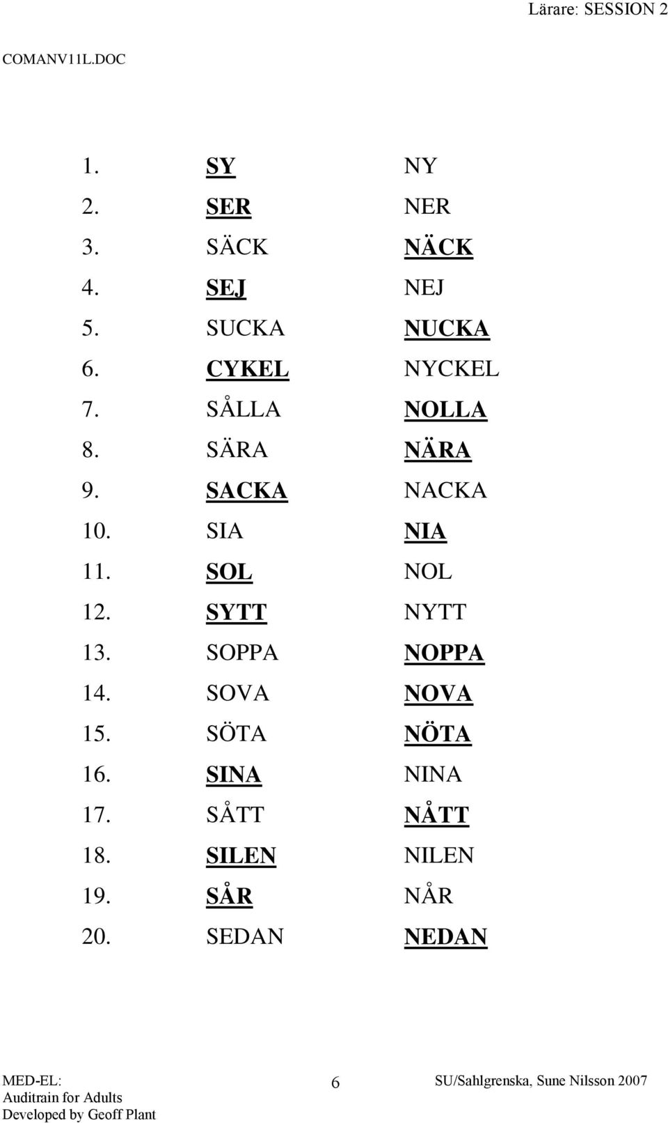 SACKA NACKA 10. SIA NIA 11. SOL NOL 12. SYTT NYTT 13. SOPPA NOPPA 14.