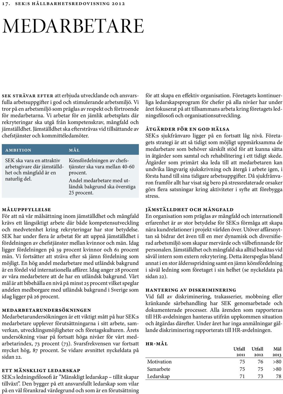 Jämställdhet ska eftersträvas vid tillsättande av chefstjänster och kommittéledamöter. AMBITION SEK ska vara en attraktiv arbetsgivare där jämställdhet och mångfald är en naturlig del.