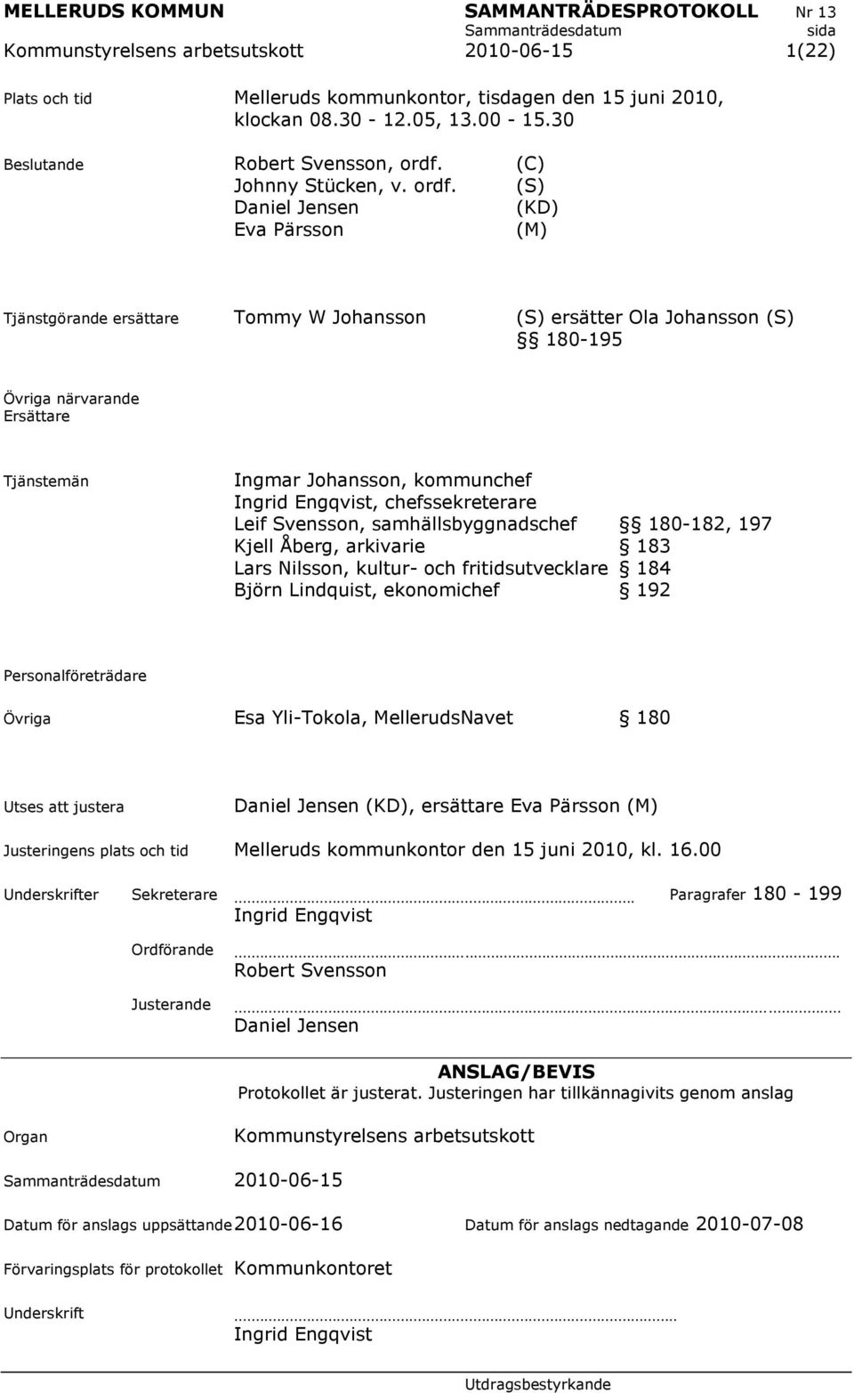 (S) Daniel Jensen (KD) Eva Pärsson (M) Tjänstgörande ersättare Tommy W Johansson (S) ersätter Ola Johansson (S) 180-195 Övriga närvarande Ersättare Tjänstemän Ingmar Johansson, kommunchef Ingrid