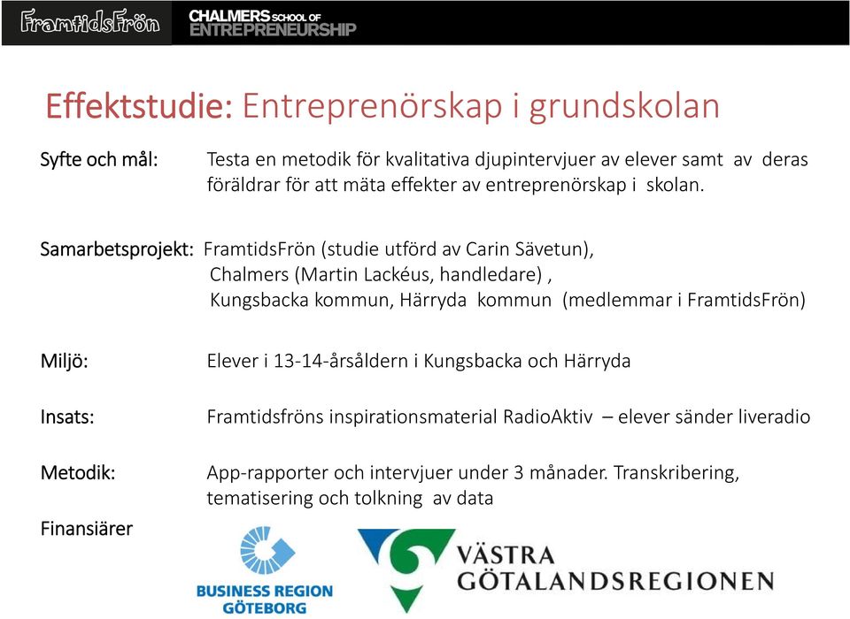 Samarbetsprojekt: FramtidsFrön (studie utförd av Carin Sävetun), Chalmers (Martin Lackéus, handledare), Kungsbacka kommun, Härryda kommun (medlemmar i