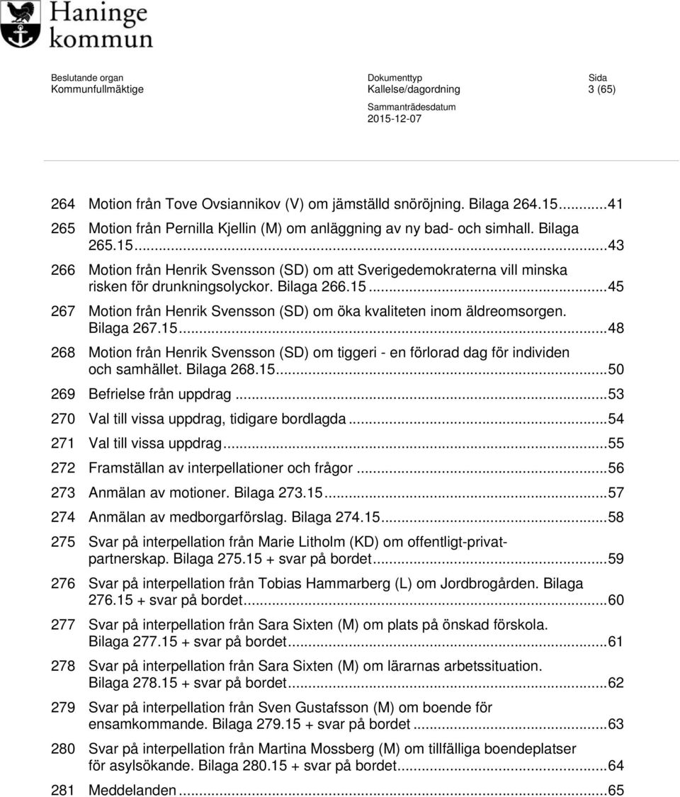 Bilaga 267.15... 48 268 Motion från Henrik Svensson (SD) om tiggeri - en förlorad dag för individen och samhället. Bilaga 268.15... 50 269 Befrielse från uppdrag.