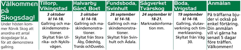 Skyltat från Stora Åby, Ödeshög, Tranås ochduvebo. Fundsboda, Svinhult 26 september Gallring och maskindemonstrationer. Skyltat från Svinhult och Ådala.