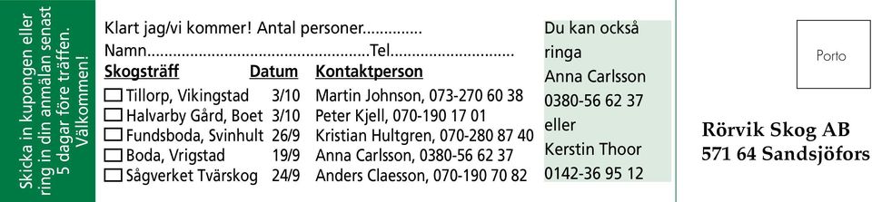 26/9 19/9 24/9 Martin Johnson, 073-270 60 38 Peter Kjell, 070-190 17 01 Kristian Hultgren, 070-280 87 40 Anna Carlsson, 0380-56 62 37