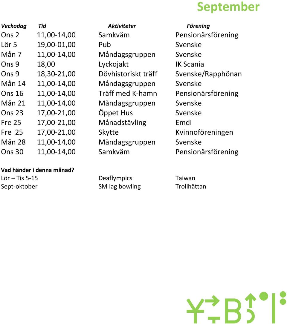 Måndagsgruppen Svenske Ons 23 17,00-21,00 Öppet Hus Svenske Fre 25 17,00-21,00 Månadstävling Emdi Fre 25 17,00-21,00 Skytte Kvinnoföreningen Mån 28 11,00-14,00