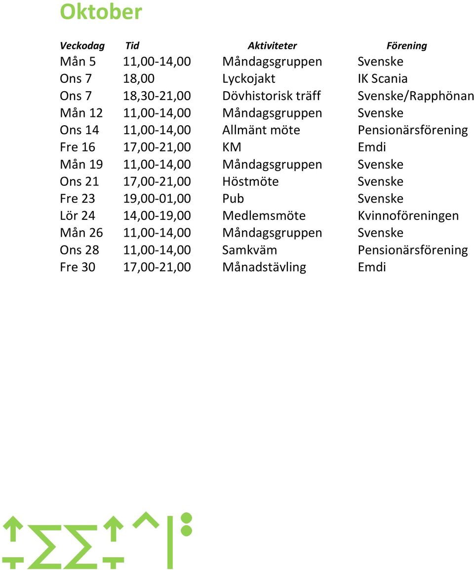 11,00-14,00 Måndagsgruppen Svenske Ons 21 17,00-21,00 Höstmöte Svenske Fre 23 19,00-01,00 Pub Svenske Lör 24 14,00-19,00 Medlemsmöte