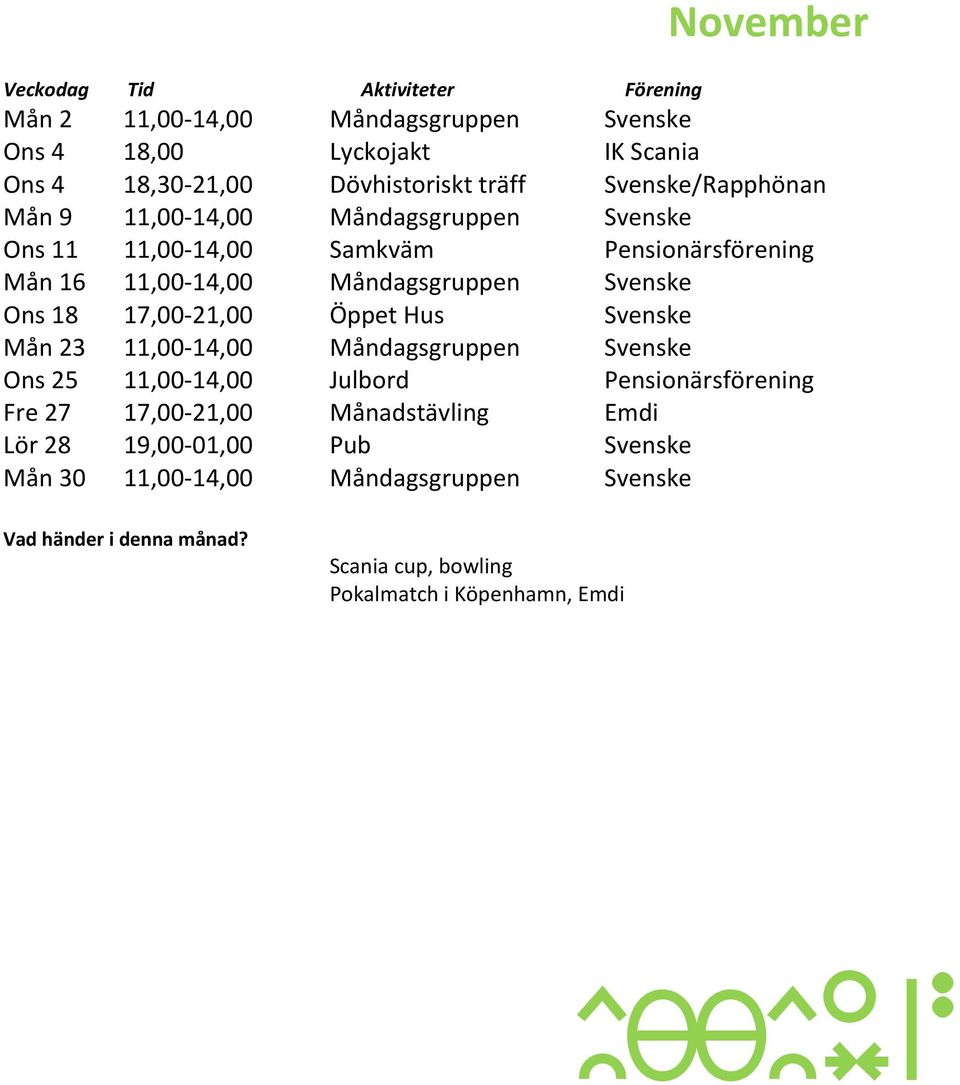 Öppet Hus Svenske Mån 23 11,00-14,00 Måndagsgruppen Svenske Ons 25 11,00-14,00 Julbord Pensionärsförening Fre 27 17,00-21,00 Månadstävling Emdi