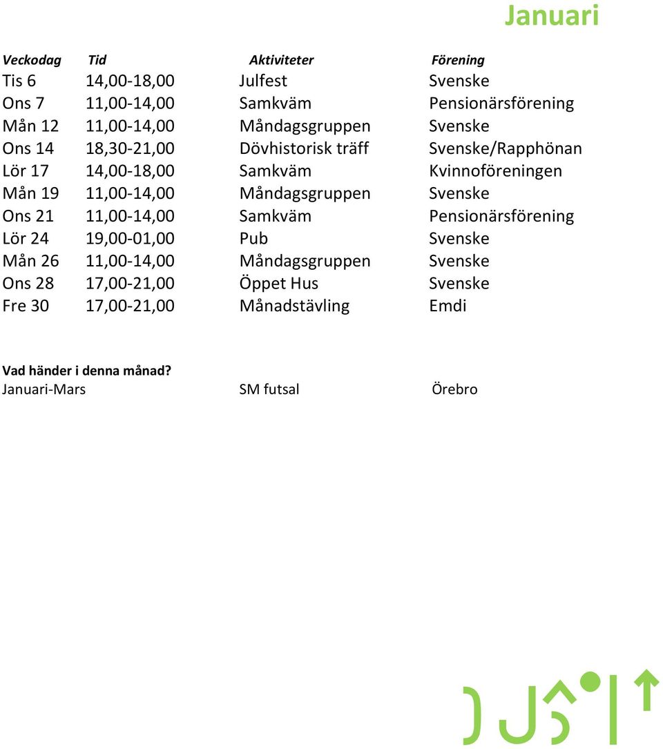 Måndagsgruppen Svenske Ons 21 11,00-14,00 Samkväm Pensionärsförening Lör 24 19,00-01,00 Pub Svenske Mån 26 11,00-14,00