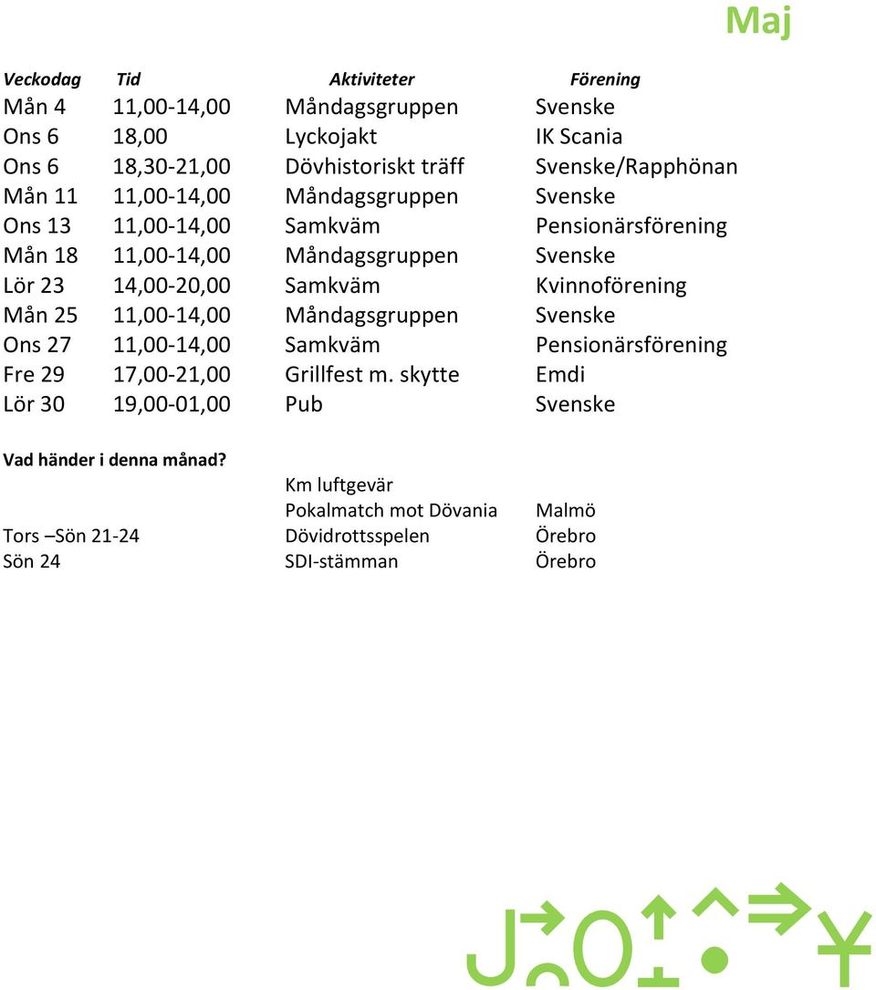 Mån 25 11,00-14,00 Måndagsgruppen Svenske Ons 27 11,00-14,00 Samkväm Pensionärsförening Fre 29 17,00-21,00 Grillfest m.