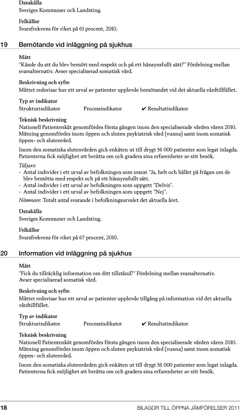 Nationell Patientenkät genomfördes första gången inom den specialiserade vården våren 2010. Mätning genomfördes inom öppen och sluten psykiatrisk vård (vuxna) samt inom somatisk öppen- och slutenvård.