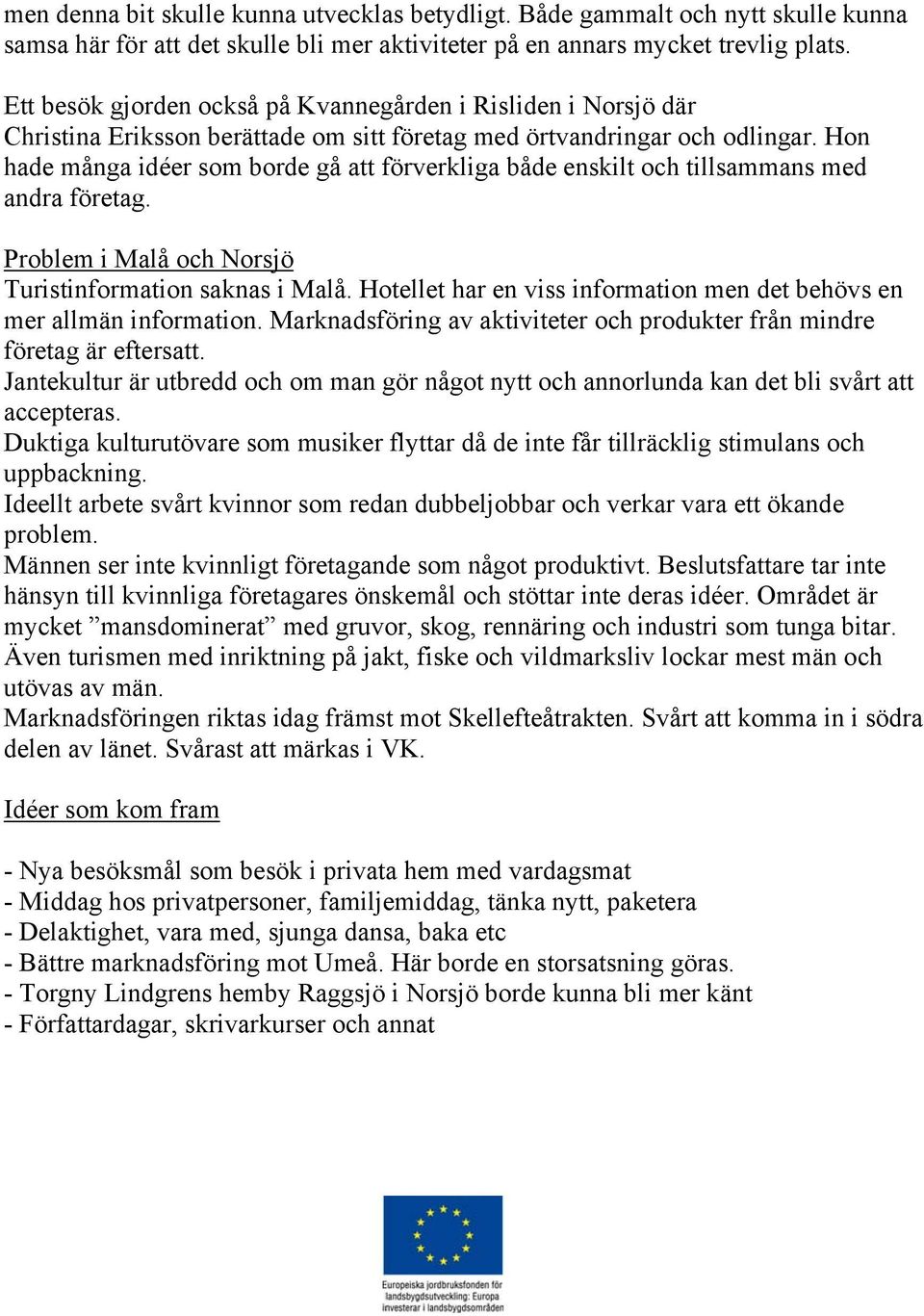 Hon hade många idéer som borde gå att förverkliga både enskilt och tillsammans med andra företag. Problem i Malå och Norsjö Turistinformation saknas i Malå.