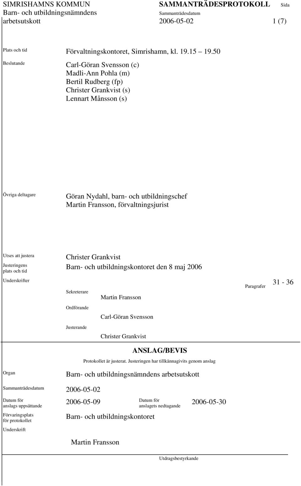 förvaltningsjurist Utses att justera Justeringens plats och tid Christer Grankvist Barn- och utbildningskontoret den 8 maj 2006 Underskrifter Sekreterare Martin Fransson Paragrafer 31-36 Ordförande