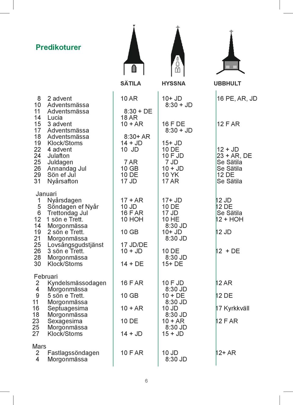 Klock/Stoms 14 + JD 15+ JD 22 4 advent 10 JD 10 DE 12 + JD 24 Julafton 10 F Jd 23 + AR, DE 25 Juldagen 7 AR 7 JD Se Sätila 26 Annandag Jul 10 GB 10 + Jd Se Sätila 29 Sön ef Jul 10 DE 10 YK 12 DE 31