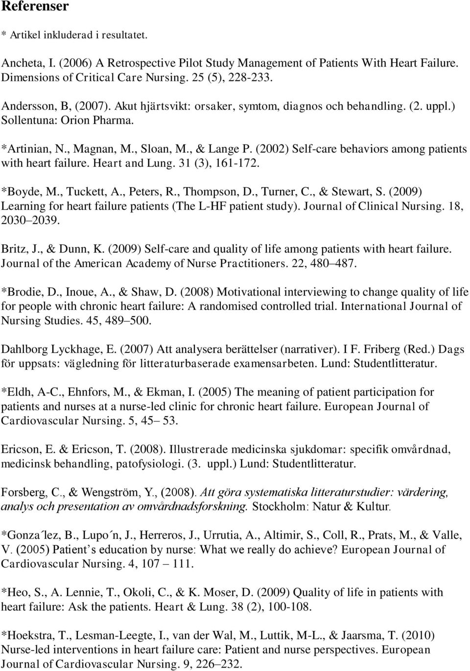 (2002) Self-care behaviors among patients with heart failure. Heart and Lung. 31 (3), 161-172. *Boyde, M., Tuckett, A., Peters, R., Thompson, D., Turner, C., & Stewart, S.