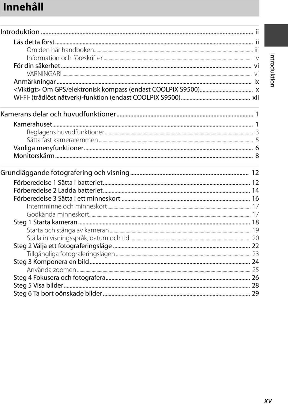 .. 1 Reglagens huvudfunktioner... 3 Sätta fast kameraremmen... 5 Vanliga menyfunktioner... 6 Monitorskärm... 8 Grundläggande fotografering och visning... 12 Förberedelse 1 Sätta i batteriet.