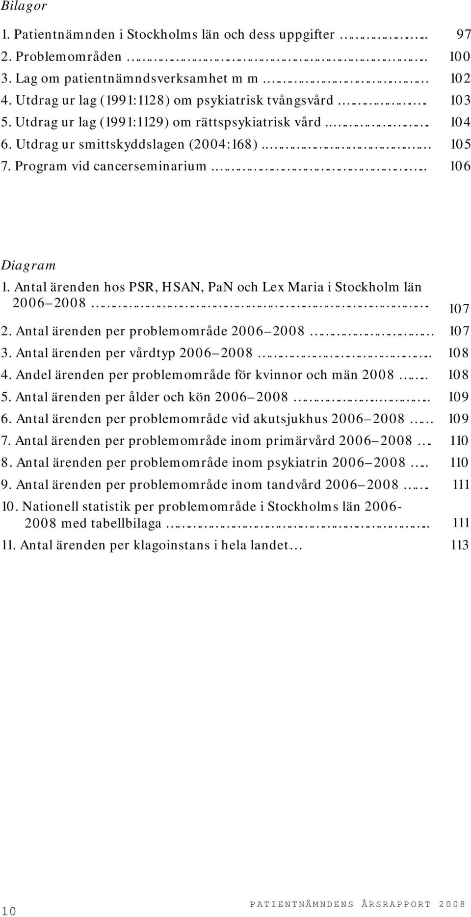 Antal ärenden hos PSR, HSAN, PaN och Lex Maria i Stockholm län 2006 2008. 107 2. Antal ärenden per problemområde 2006 2008 107 3. Antal ärenden per vårdtyp 2006 2008.. 108 4.