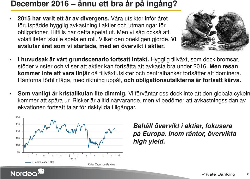 I huvudsak är vårt grundscenario fortsatt intakt. Hygglig tillväxt, som dock bromsar, stöder vinster och vi ser att aktier kan fortsätta att avkasta bra under 2016.