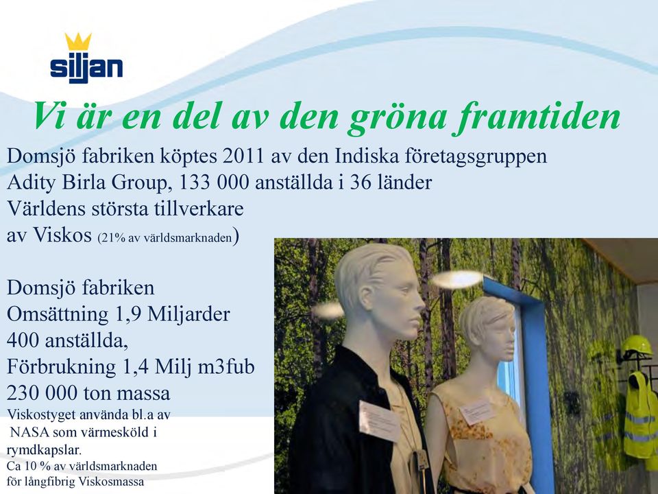 Domsjö fabriken Omsättning 1,9 Miljarder 400 anställda, Förbrukning 1,4 Milj m3fub 230 000 ton massa