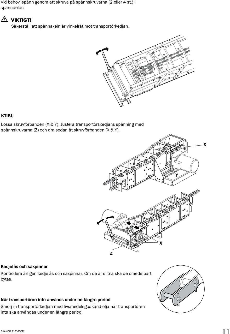 Justera transportörskedjans spänning med spännskruvarna (Z) och dra sedan åt skruvförbanden (X & Y).