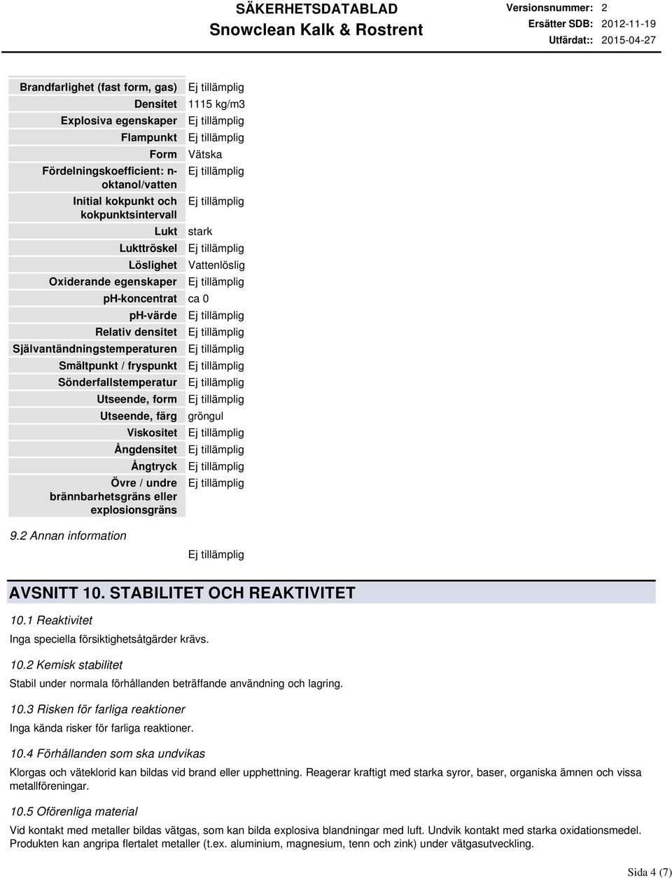 Viskositet Ångdensitet Ångtryck Övre / undre brännbarhetsgräns eller explosionsgräns Vattenlöslig gröngul 9.2 Annan information AVSNITT 10. STABILITET OCH REAKTIVITET 10.