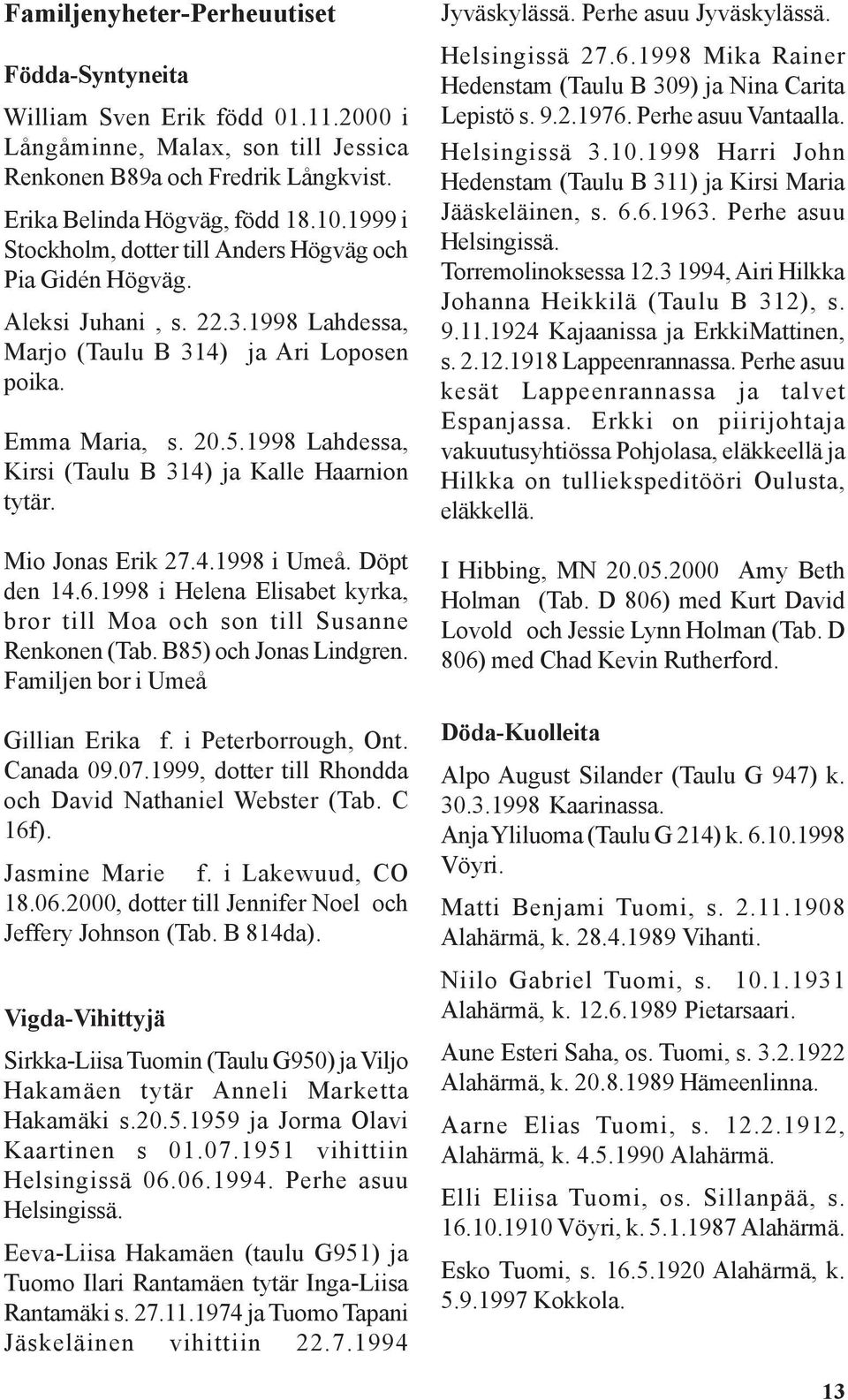 1998 Lahdessa, Kirsi (Taulu B 314) ja Kalle Haarnion tytär. Mio Jonas Erik 27.4.1998 i Umeå. Döpt den 14.6.1998 i Helena Elisabet kyrka, bror till Moa och son till Susanne Renkonen (Tab.