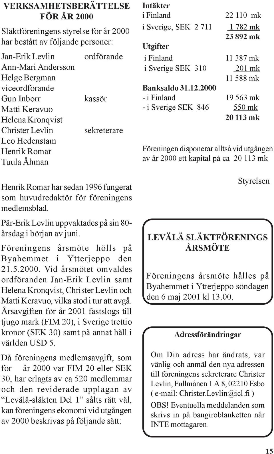 Pär-Erik Levlin uppvaktades på sin 80- årsdag i början av juni. Föreningens årsmöte hölls på Byahemmet i Ytterjeppo den 21.5.2000.