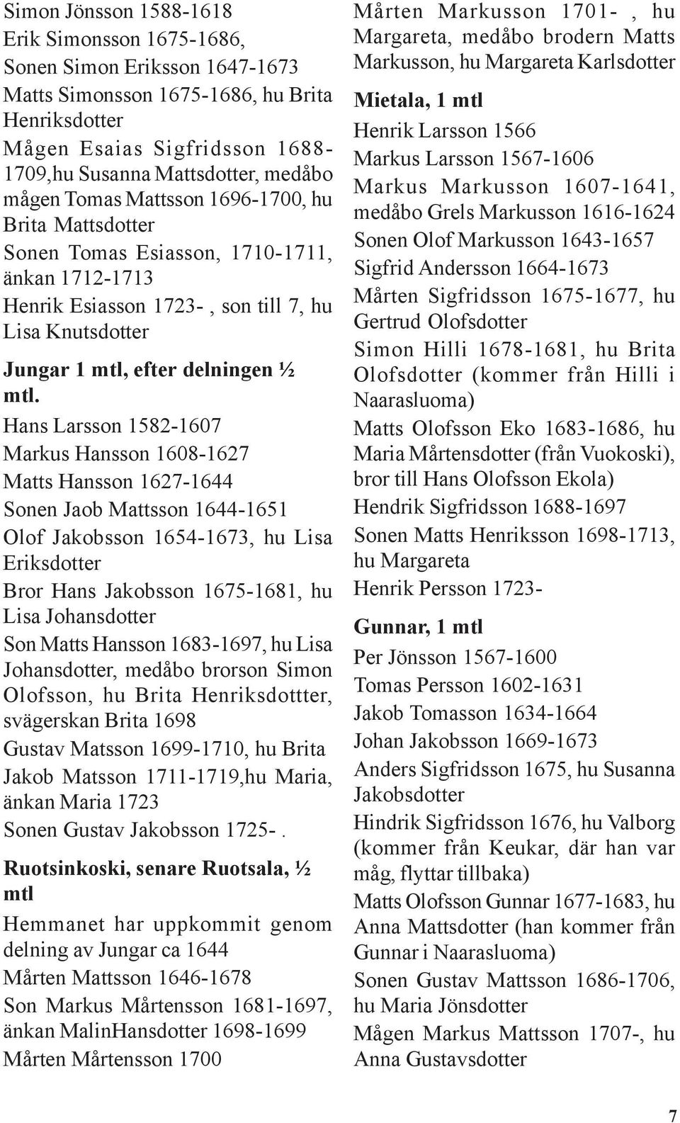 Hans Larsson 1582-1607 Markus Hansson 1608-1627 Matts Hansson 1627-1644 Sonen Jaob Mattsson 1644-1651 Olof Jakobsson 1654-1673, hu Lisa Eriksdotter Bror Hans Jakobsson 1675-1681, hu Lisa Johansdotter