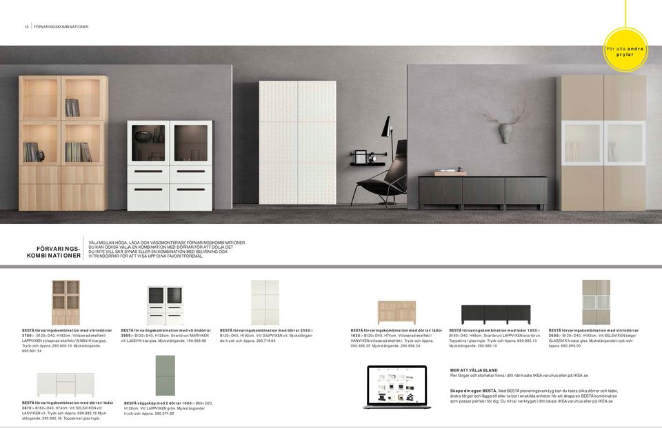 BESTÅ förvaringskombination med vitrindörrar 3700:- B120 D40, H192cm. Vitlaserad ekeffekt/ LAPPVIKEN vitlaserad ekeffekt/sindvik klarglas. Tryck-och-öppna.290.900.19 Mjukstängande. 990.901.