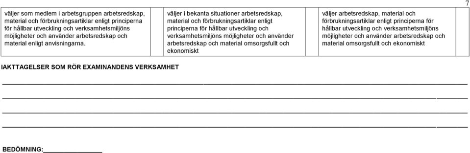 väljer i bekanta situationer arbetsredskap, material och förbrukningsartiklar enligt principerna för hållbar utveckling och verksamhetsmiljöns möjligheter och använder