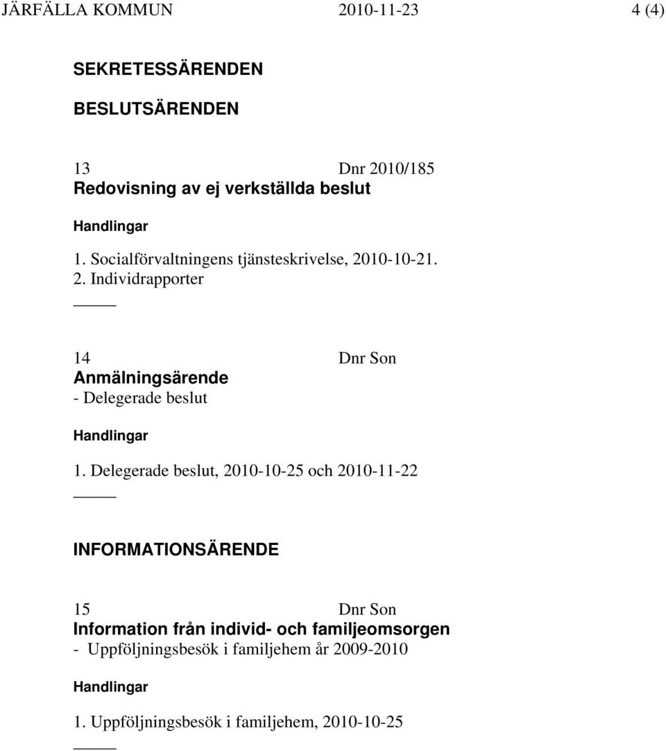 10-10-21. 2. Individrapporter 14 Dnr Son Anmälningsärende - Delegerade beslut Handlingar 1.